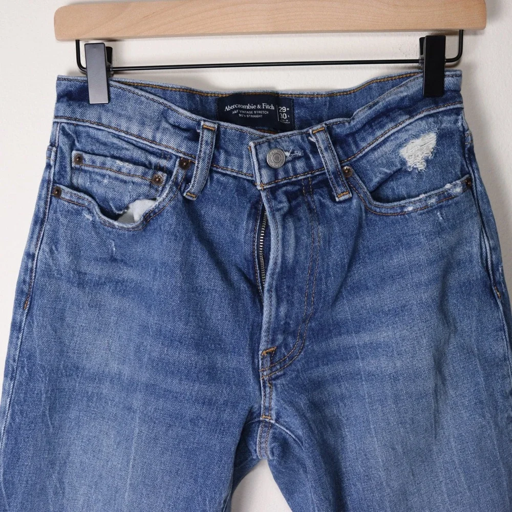 Abercrombie & Fitch 90s Straight Leg Jeans Blue 29x30 Distressed Vintage Stretch